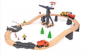 Дървена строителна площадка с кран и релси Tooky Toy TH682
