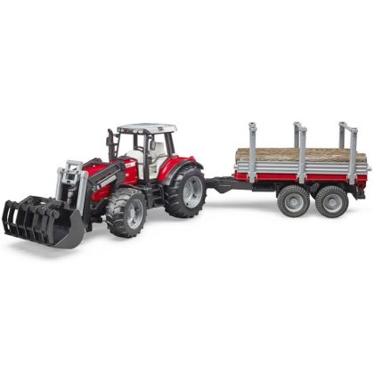Трактор с челен товарач и ремарке за дървен материал MASSEY FERGUSON 7480 BRUDER 02046