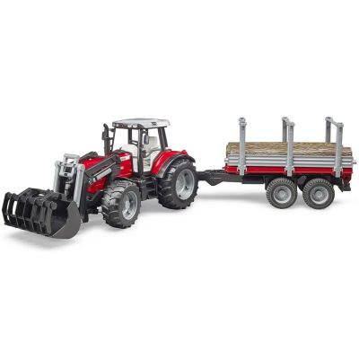 Трактор с челен товарач и ремарке за дървен материал MASSEY FERGUSON 7480 BRUDER 02046