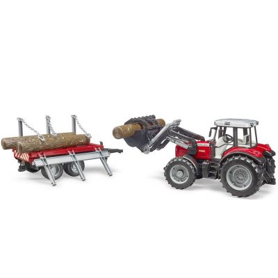 Трактор с челен товарач и ремарке за дървен материал MASSEY FERGUSON 7480 BRUDER 02046