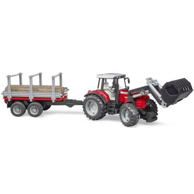 Трактор с челен товарач и ремарке за дървен материал MASSEY FERGUSON 7480 BRUDER 02046