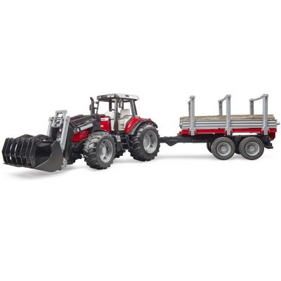 Трактор с челен товарач и ремарке за дървен материал MASSEY FERGUSON 7480 BRUDER 02046