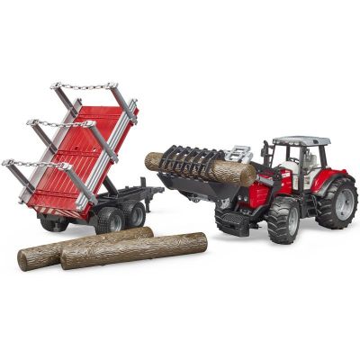 Трактор с челен товарач и ремарке за дървен материал MASSEY FERGUSON 7480 BRUDER 02046