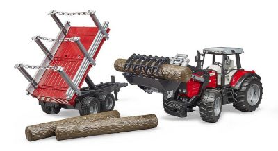 Трактор с челен товарач и ремарке за дървен материал MASSEY FERGUSON 7480 BRUDER 02046