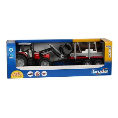 Трактор с челен товарач и ремарке за дървен материал MASSEY FERGUSON 7480 BRUDER 02046
