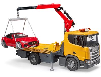 Камион паяк с платформа Scania Super 560R с кола Роудстър Bruder 03552 