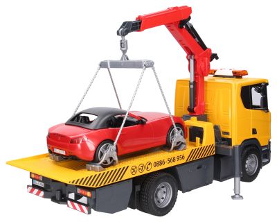 Камион паяк с платформа Scania Super 560R с кола Роудстър Bruder 03552 