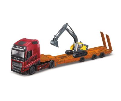 Метален камион Volvo FH16 с ремарке и багер Volvo Bburago 1/43 